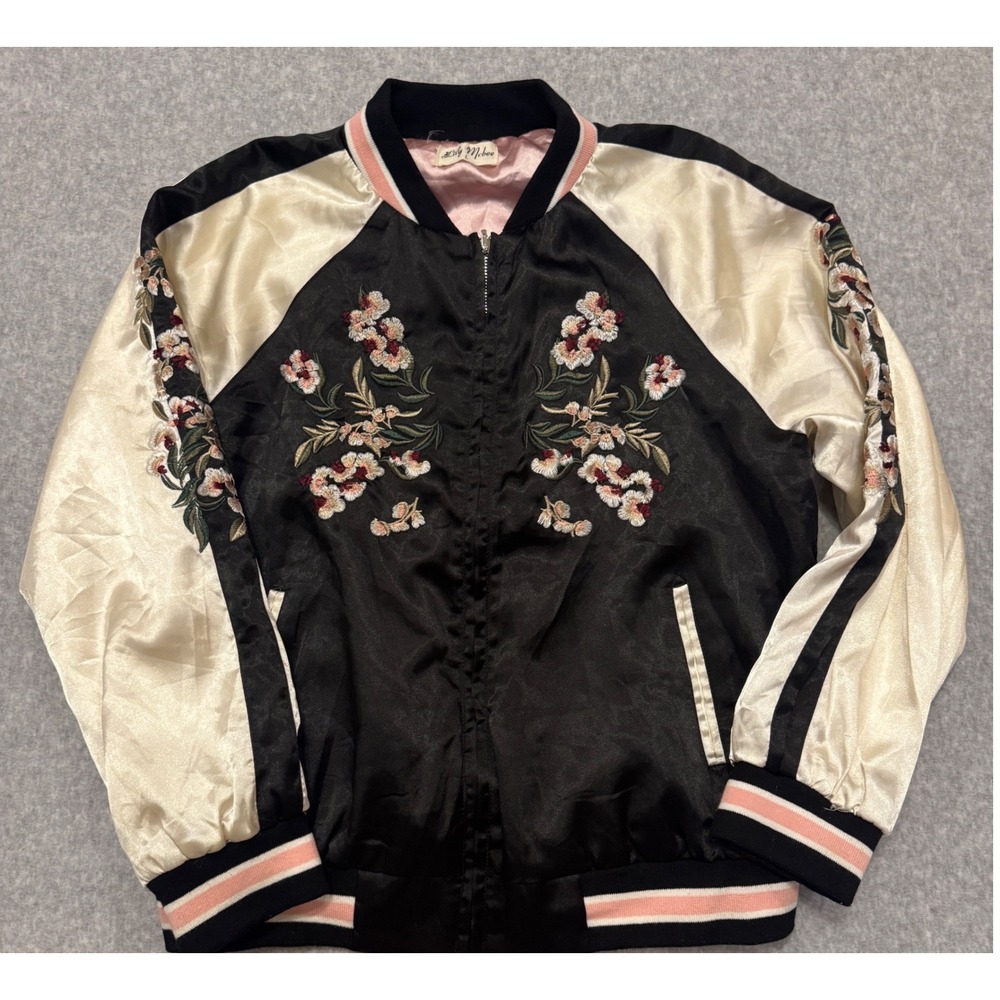 Lily Mcbee Floral Embroidered Satin Bomber Souvenir Jacket Black Cream Large